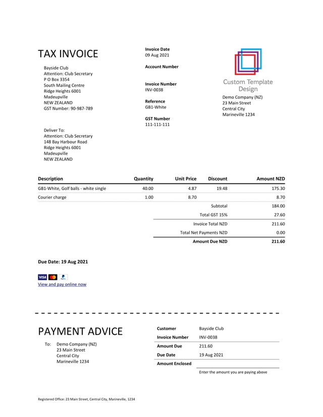 Xero Invoice Physical address - Discount Column Included